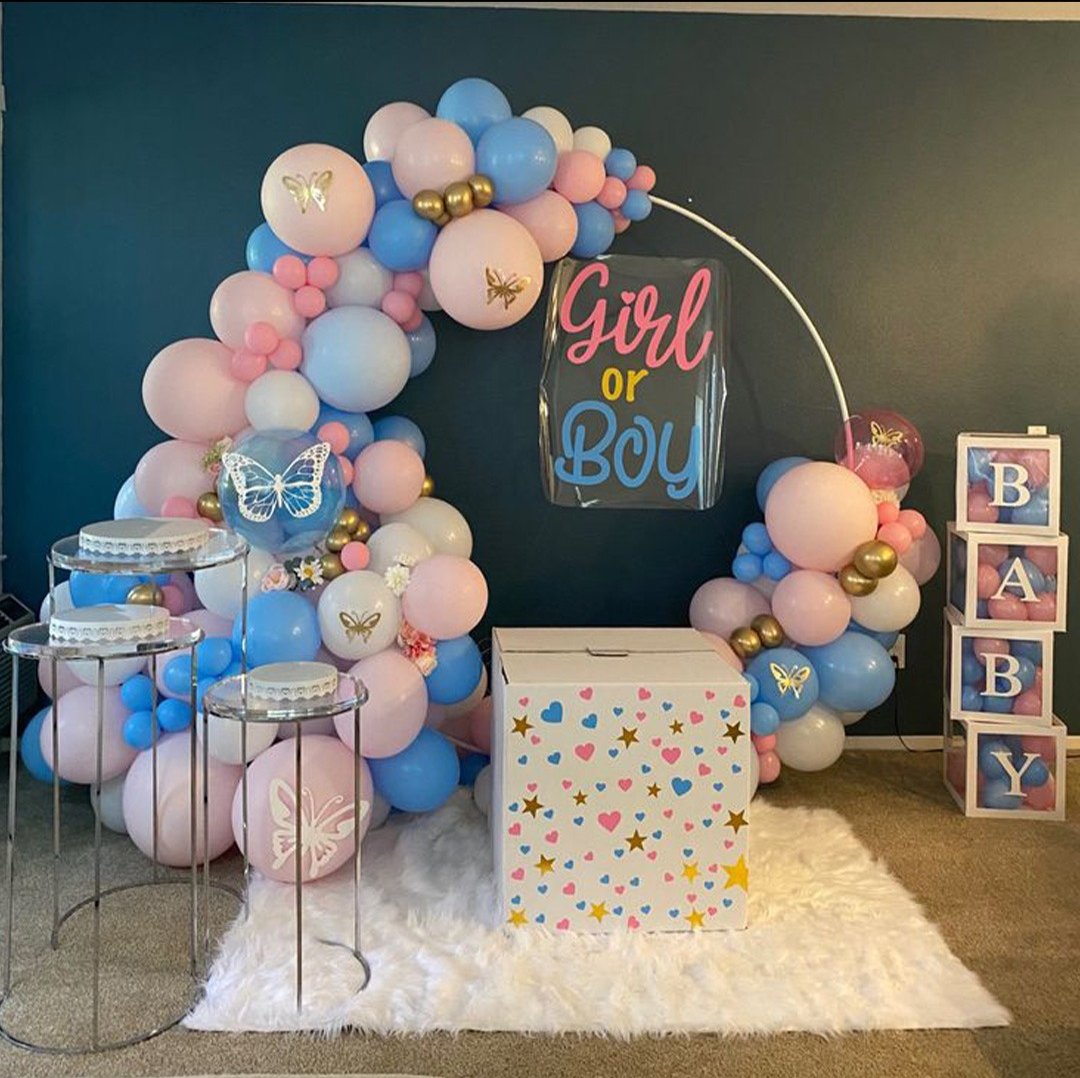 Girl or Boy gender reveal balloon arch with baby blocks